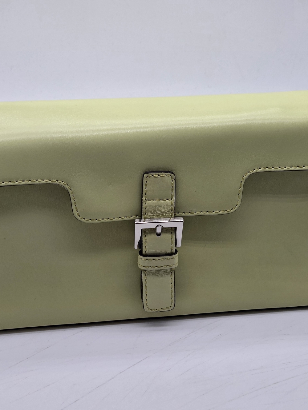 Adrienne Vittadini Light Green Leather Wristlet Clutch Bag Silver Buckle Small